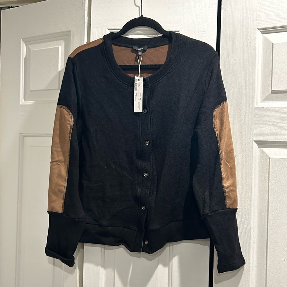 NWT DREW Black Cardigan w/ Tan Foil Suede sleeve patches and Back, Size XL